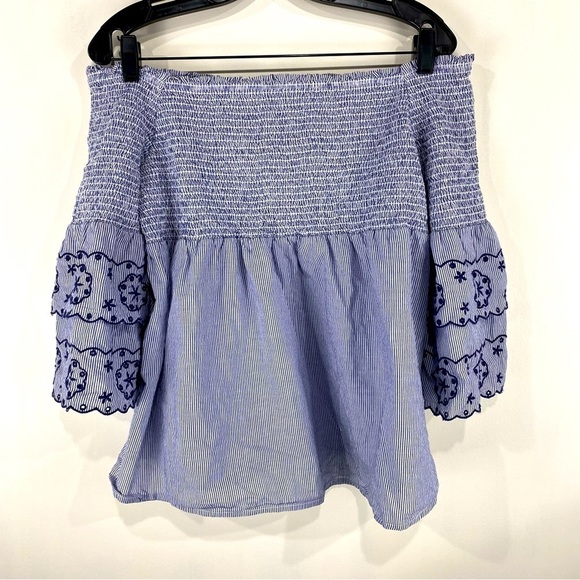 BeachLunchLounge Striped Smocked Eyelet Ruffle Sleeve Shirt Top‎ Blouse Large - Picture 1 of 5